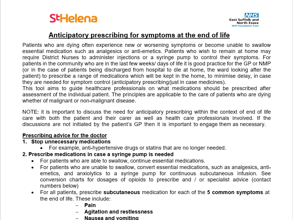 Anticipatory prescribing for symptoms at the end of life